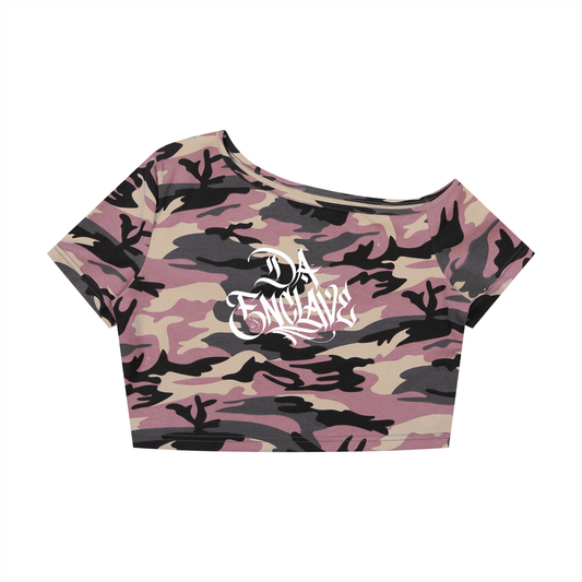 Da Enclave Women's Pink Camo Off-Shoulder Crop T-Shirt