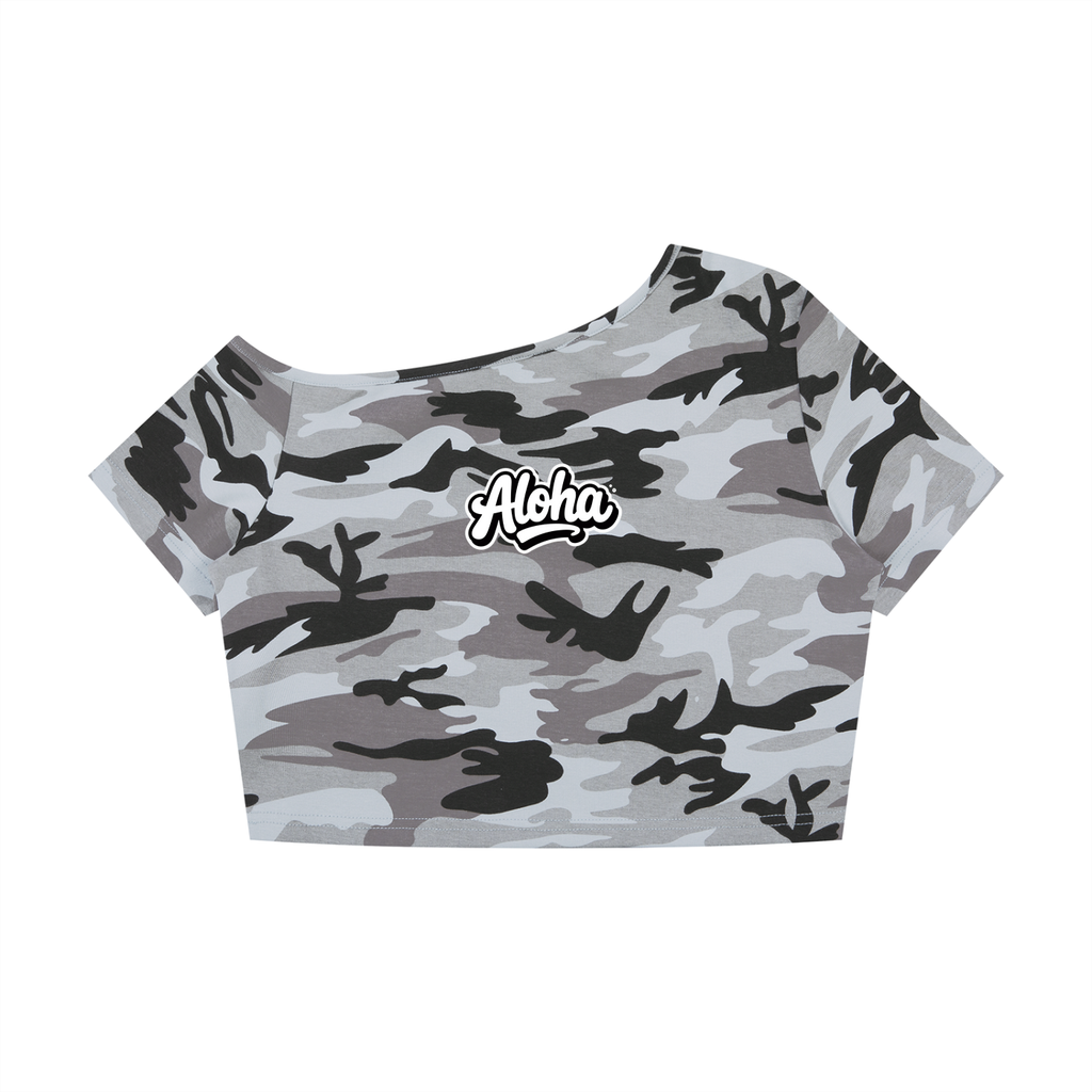 Serene Women's Camo Off-Shoulder Crop T-Shirt