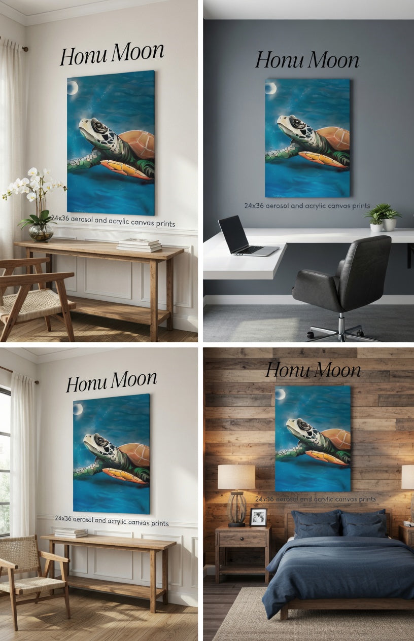 Honu Moon Canvas Print - Hand-Painted Hawaiian Sea Turtle Art