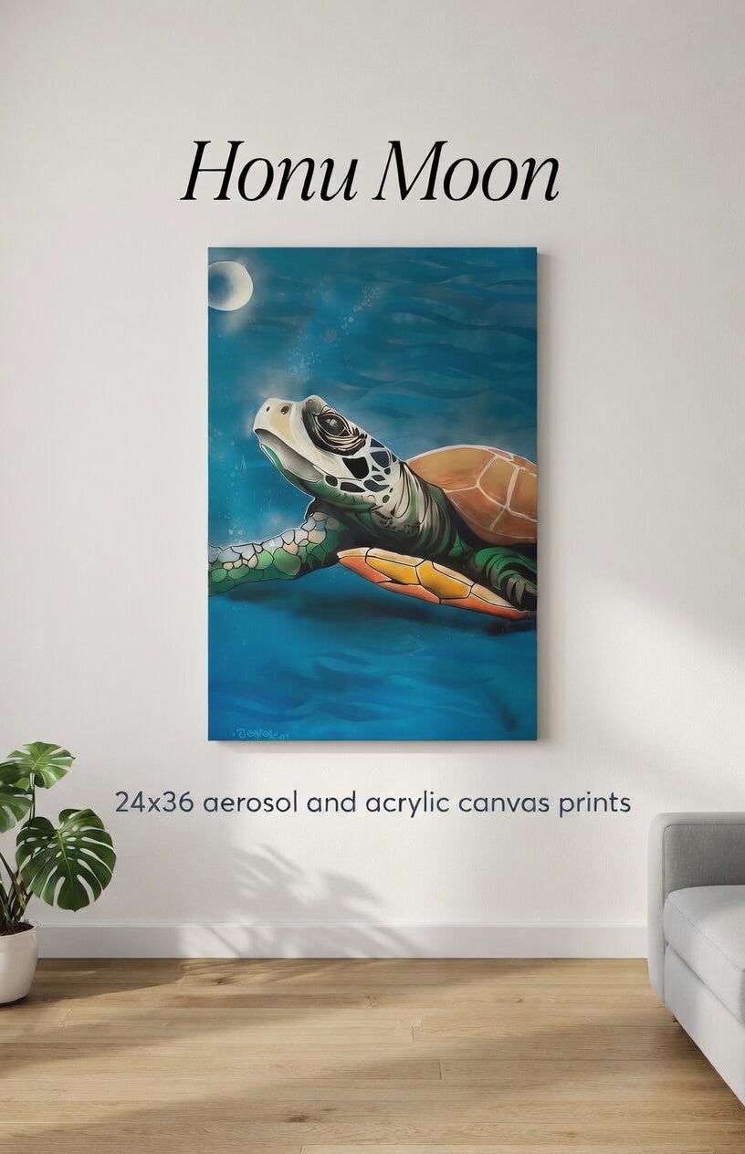 Honu Moon Canvas Print - Hand-Painted Hawaiian Sea Turtle Art