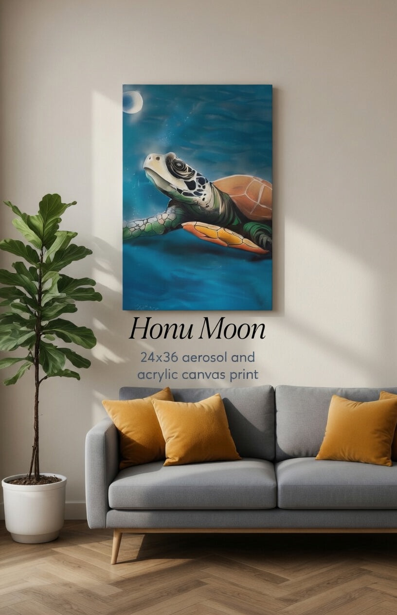 Honu Moon Canvas Print - Hand-Painted Hawaiian Sea Turtle Art