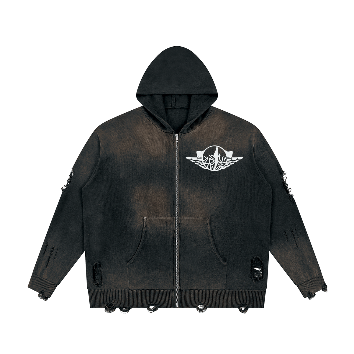 Serene Unisex Distressed Full Zip Sweater