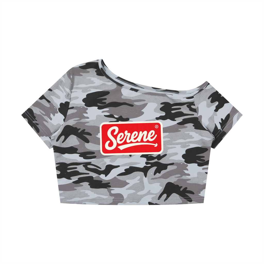 Serene Women's Camo Off-Shoulder Crop T-Shirt