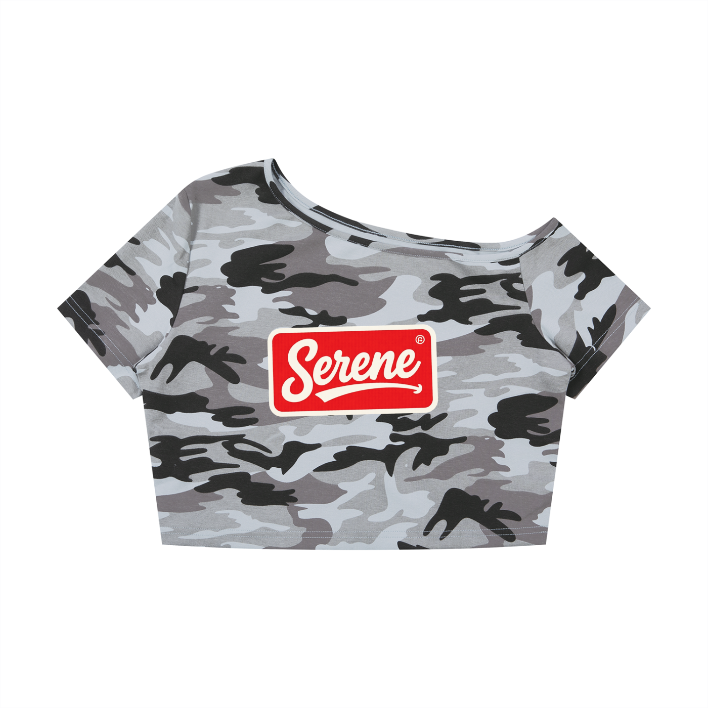 Serene Women's Camo Off-Shoulder Crop T-Shirt