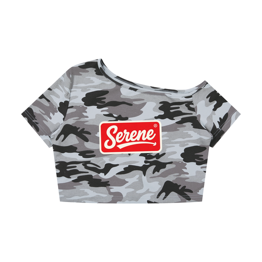 Serene Women's Camo Off-Shoulder Crop T-Shirt