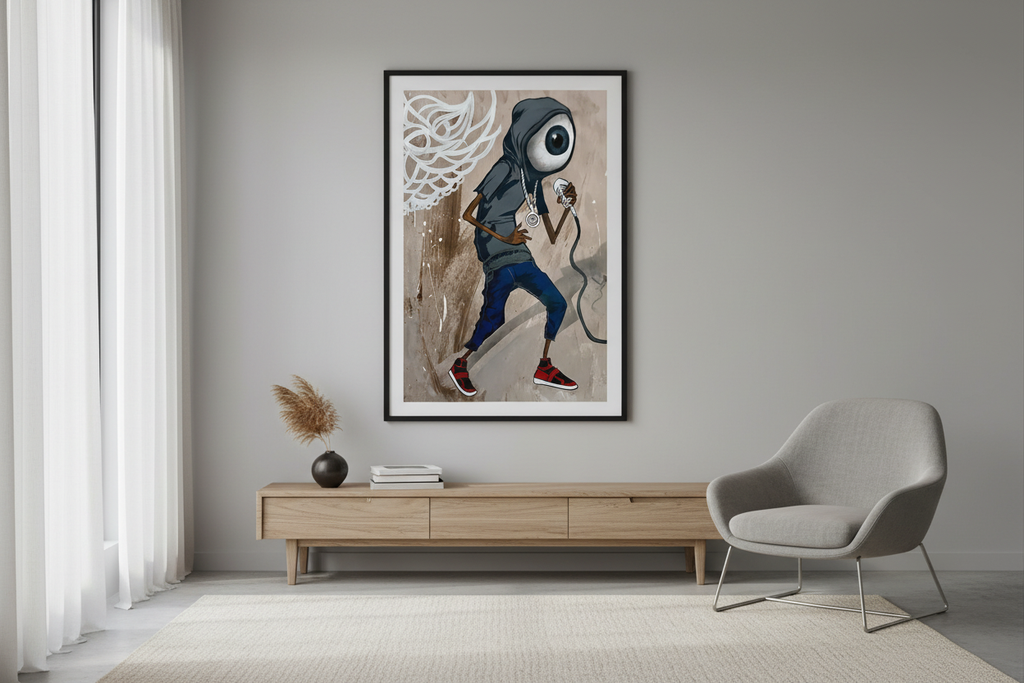Framed poster in minimalist room