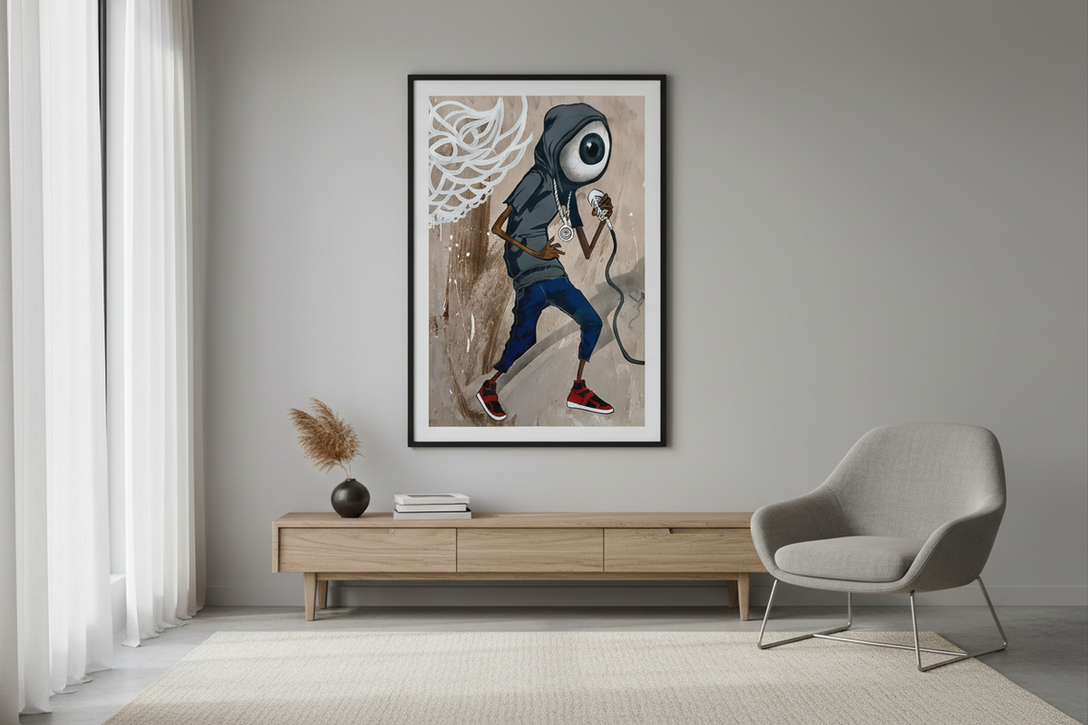 Framed poster in minimalist room