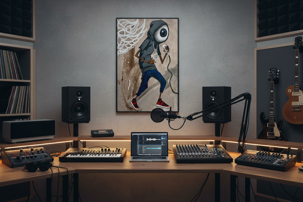 Poster in music studio setting