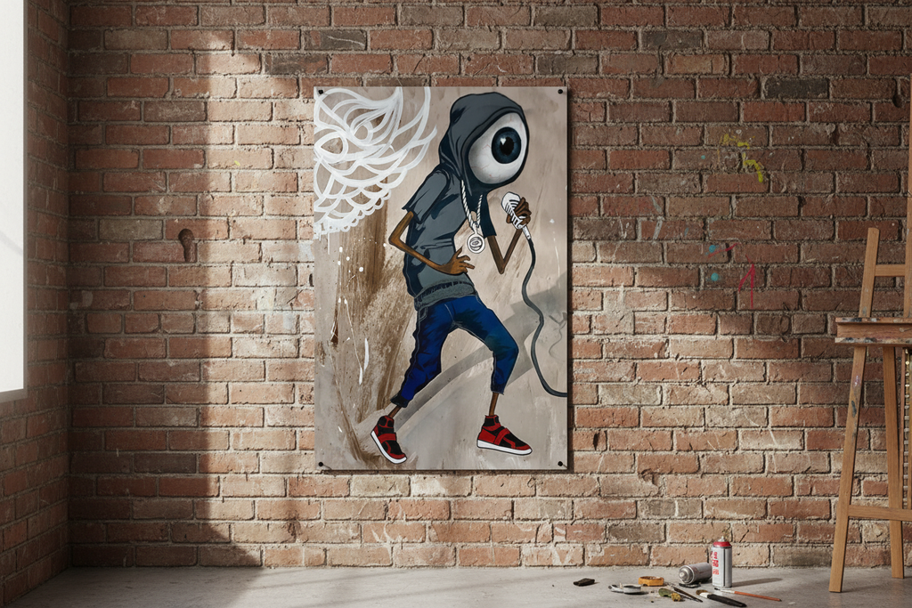 Unframed poster on brick wall
