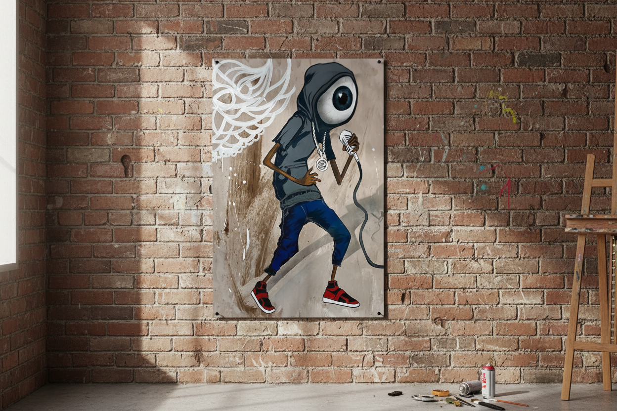 Unframed poster on brick wall